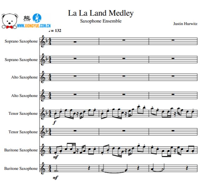 la la land medley 爱乐之城串烧萨克斯八重奏谱