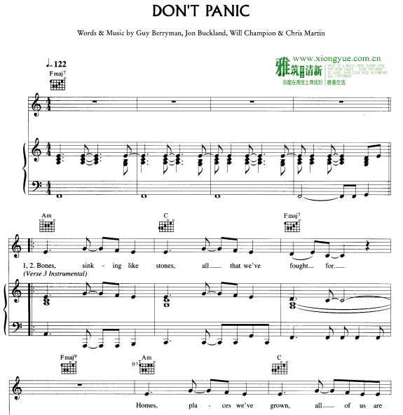 Coldplay - Don't Panic钢琴谱
