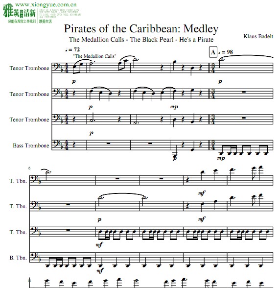 加勒比海盗旋律串烧长号四重奏谱