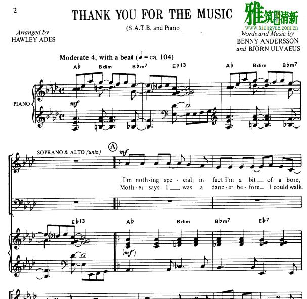 Abba - Thank You For The Music 四声部SATB合唱钢琴伴奏谱