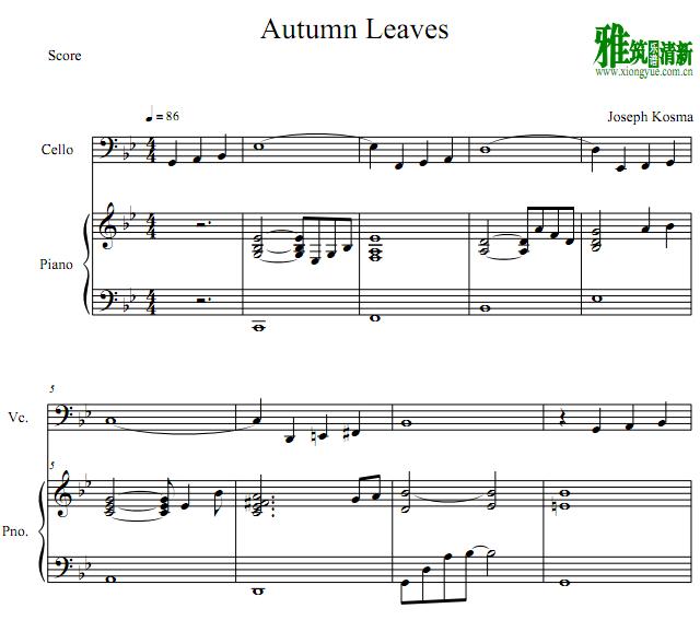 秋叶Autumn Leaves大提琴钢琴伴奏谱