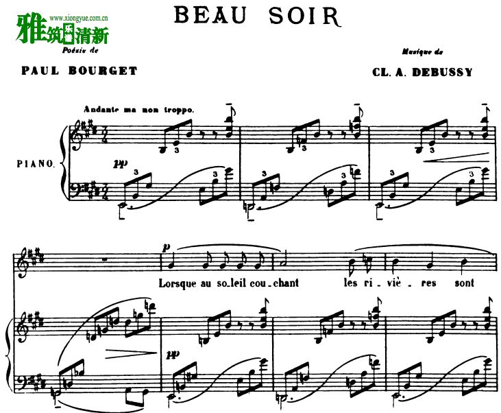德彪西 beau soir美丽的黄昏声乐钢琴谱