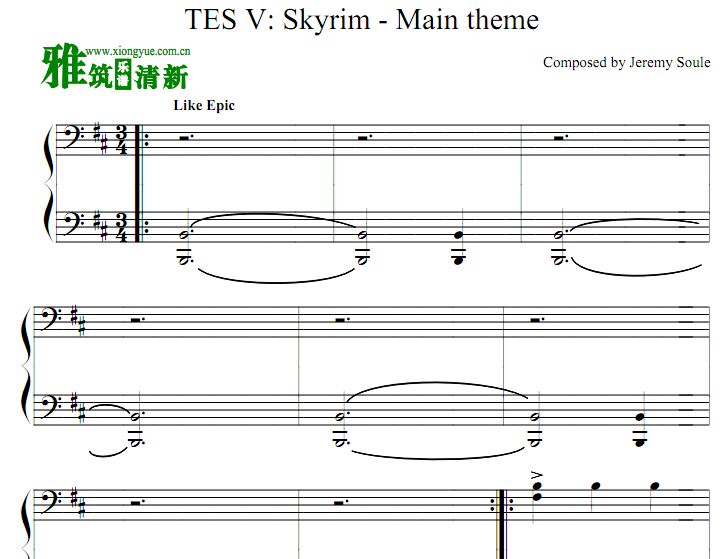 TES V Skyrim - Main theme 钢琴谱