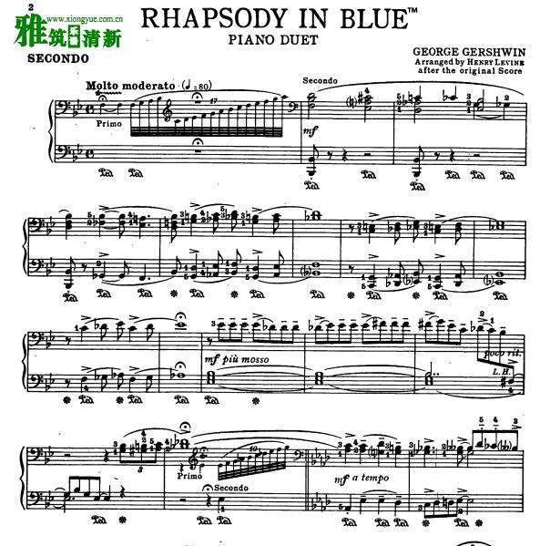 格什温 Gershwin蓝色猜想曲双钢版钢琴谱