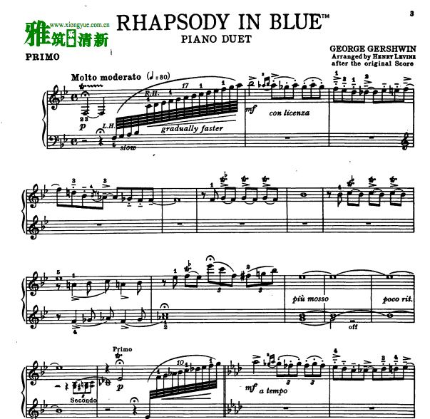 格什温 Gershwin蓝色猜想曲钢琴谱 双钢琴版