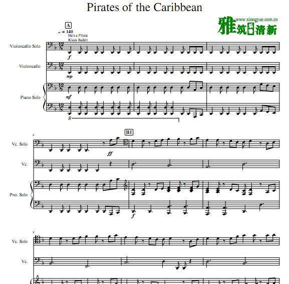 Pirates of the Caribbean加勒比海盗双大提琴钢琴合奏谱