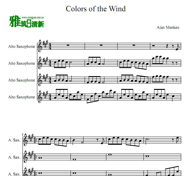 colors of the wind 萨克斯四重奏谱
