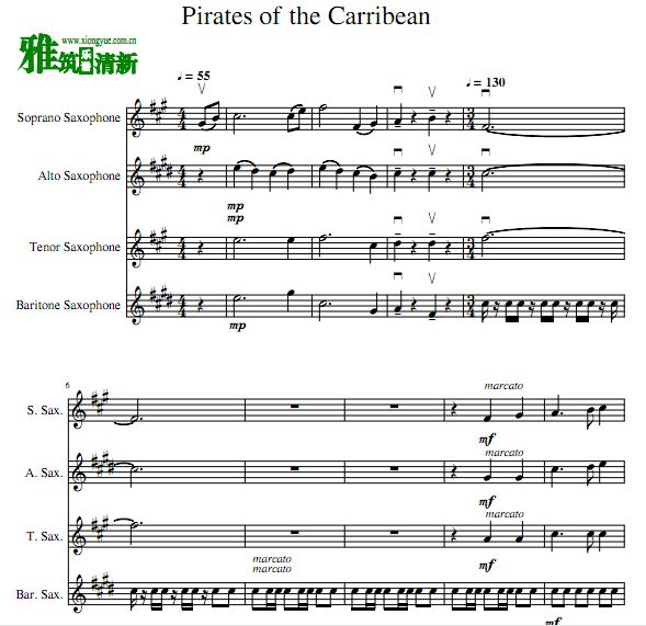 加勒比海盗萨克斯四重奏谱
