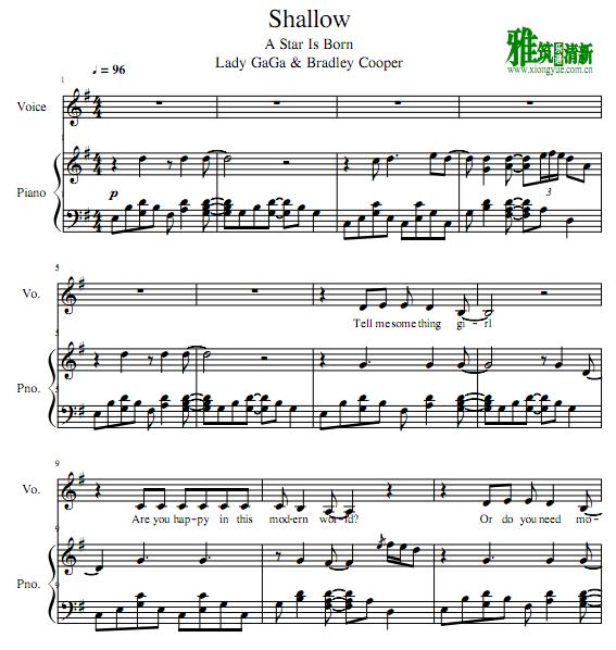 lady gaga - Shallow钢琴伴奏谱