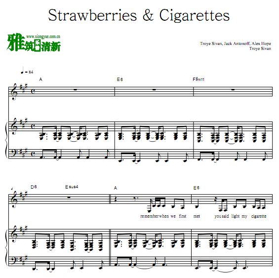 Troye Sivan Strawberries & Cigarettes 声乐伴奏钢琴谱