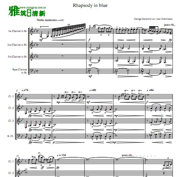 gershwin - Rhapsody in Blue 格什温 蓝色狂想曲单簧管四重奏谱
