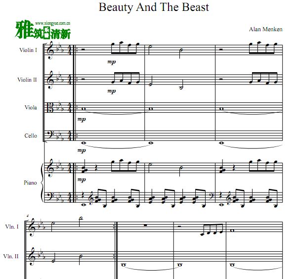 美女与野兽 Beauty and The Beast弦乐钢琴五重奏谱