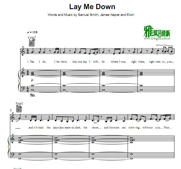 C调 Lay Me Down 钢琴伴奏谱