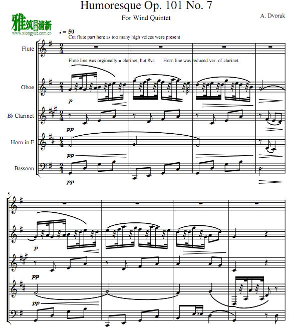 德沃夏克 幽默曲 Op.101 NO.7 木管五重奏谱