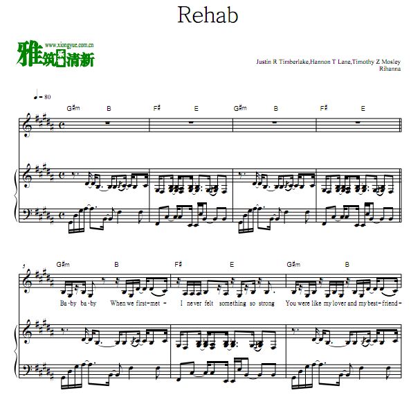 蕾哈娜 Rihanna - Rehab钢琴伴奏谱 声乐歌谱