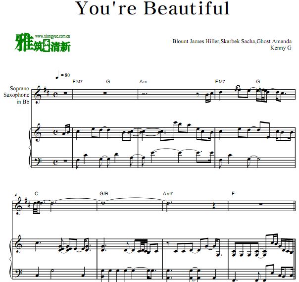 凯丽·金Kenny G - You're Beautiful萨克斯钢琴伴奏谱 