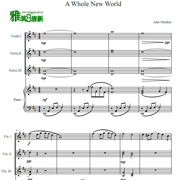 阿拉丁主题曲A Whole New World三小提琴钢琴合奏谱