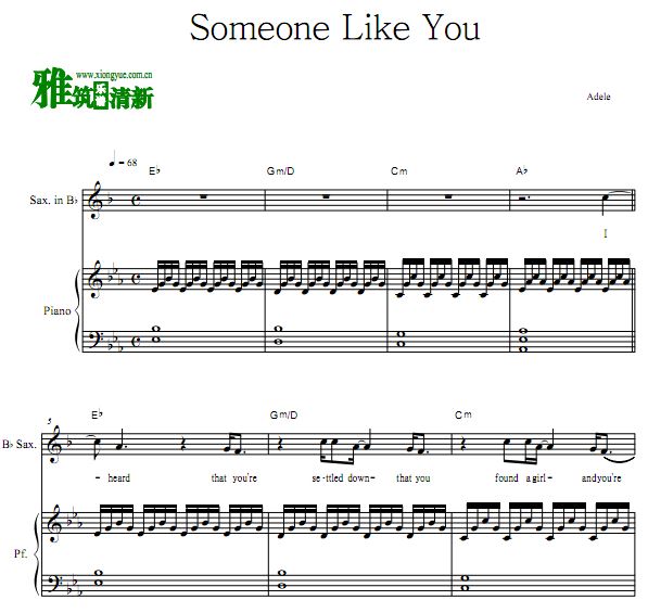 Adele-Someone Like You降B萨克斯钢琴合奏谱