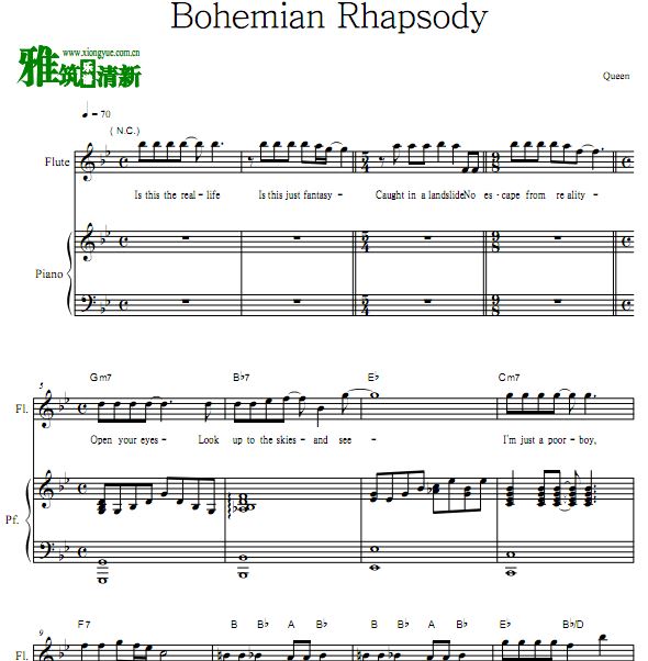 Bohemian Rhapsody波西米亚狂想曲长笛钢琴二重奏谱