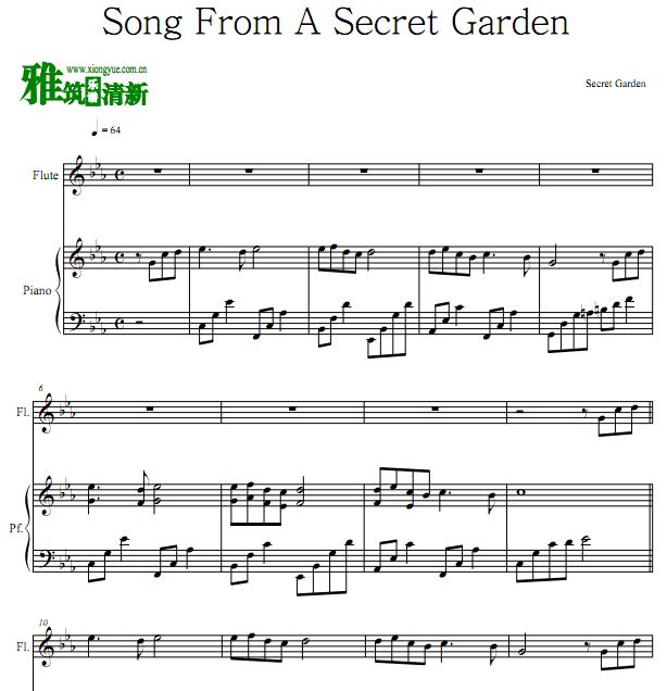 Song From a Secret Garden神秘园之歌长笛钢琴二重奏谱