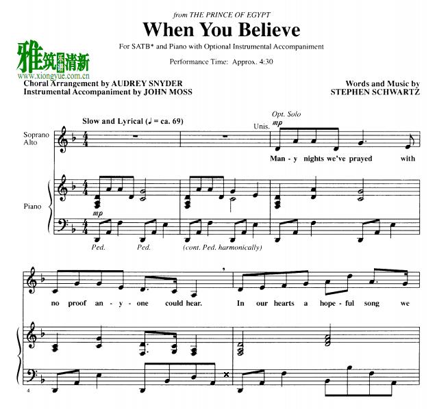 埃及王子 - When You Believe四声部合唱钢琴伴奏谱1