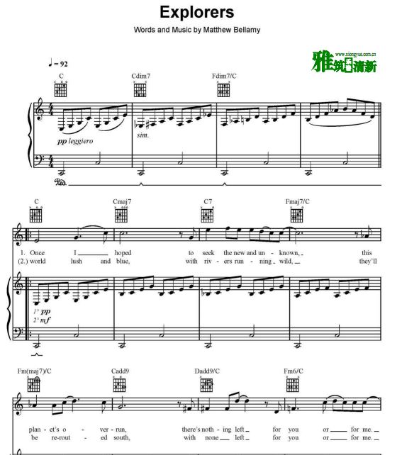 Muse 缪斯乐队 Explorers歌谱 钢琴伴奏谱 正谱