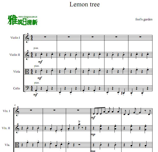 Lemon Tree 柠檬树弦乐四重奏谱