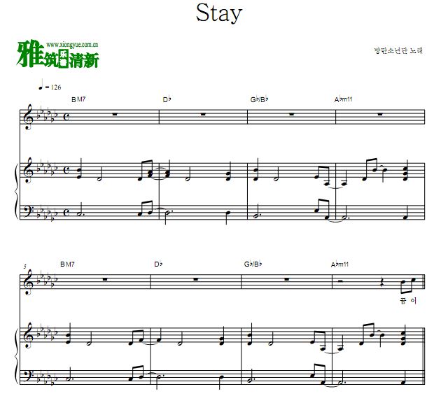 BTS - Stay钢琴伴奏谱 歌谱 正谱