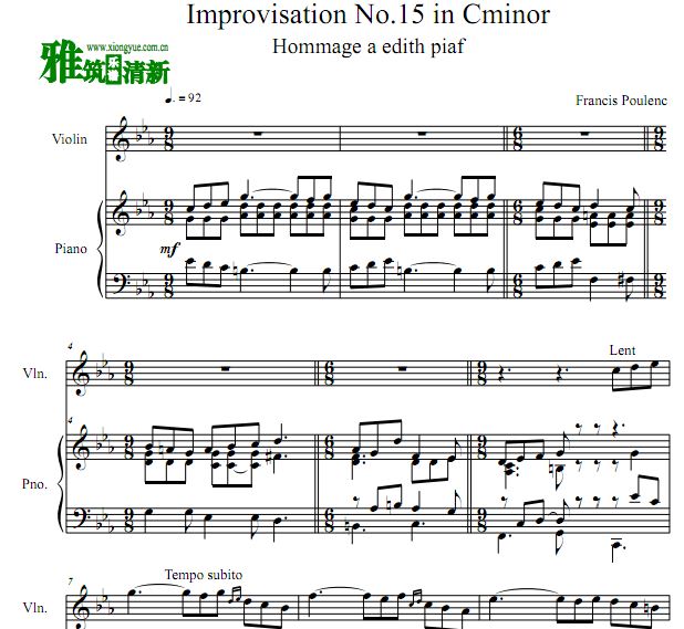 Francis Poulenc 普朗克 c小调第15号即兴曲小提琴钢琴合奏谱