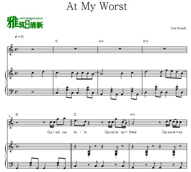 Pink Sweat$-At My Worst钢琴伴奏谱 正谱 歌谱