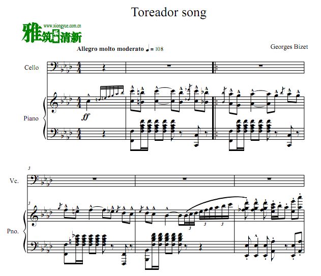 比才 斗牛士之歌大提琴钢琴合奏谱