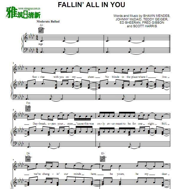 Shawn Mendes - Fallin' All in You伴奏钢琴谱 歌谱
