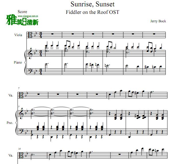 屋顶上的小提琴手 Fiddler on the Roof - Sunrise, Sunset中提琴钢琴伴奏谱