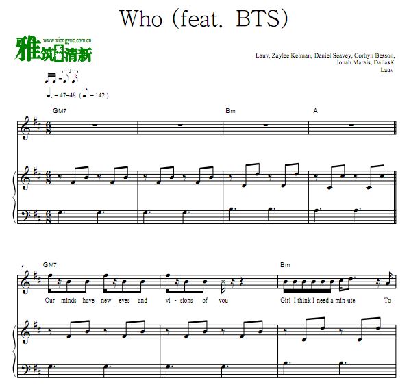 Lauv - Who (feat. BTS)钢琴伴奏谱 歌谱