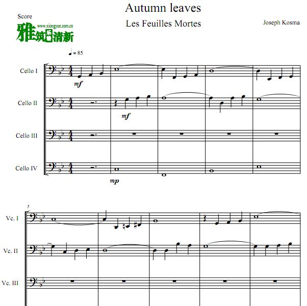Autumn Leaves 秋叶大提琴四重奏谱