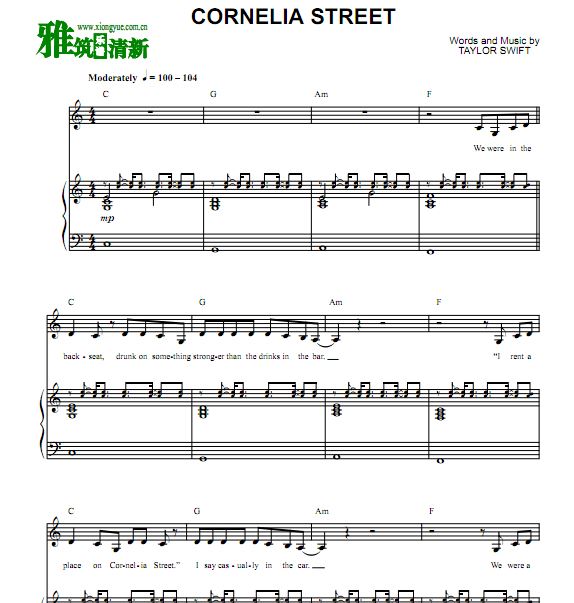 Taylor Swift - Cornelia Street歌谱 正谱 钢琴伴奏谱