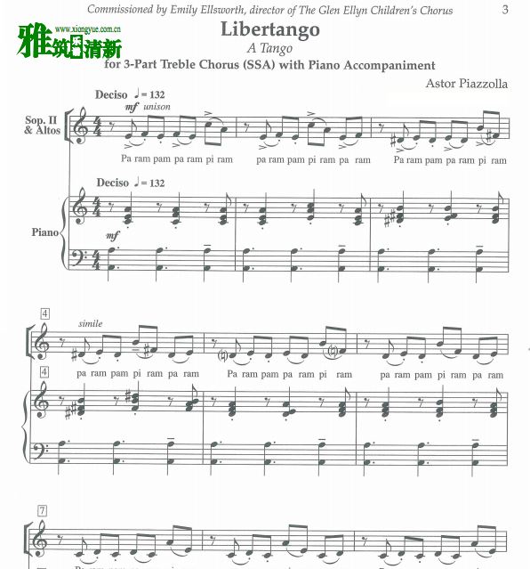 皮亚佐拉 自由探戈 Libertango (SSA)三声部合唱钢琴伴奏谱