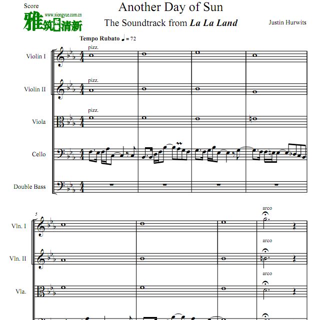 爱乐之城 Another Day Of Sun弦乐五重奏谱