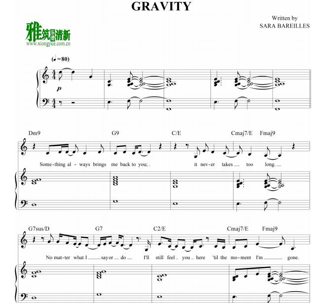 Sarah Bareilles - Gravity钢琴伴奏谱
