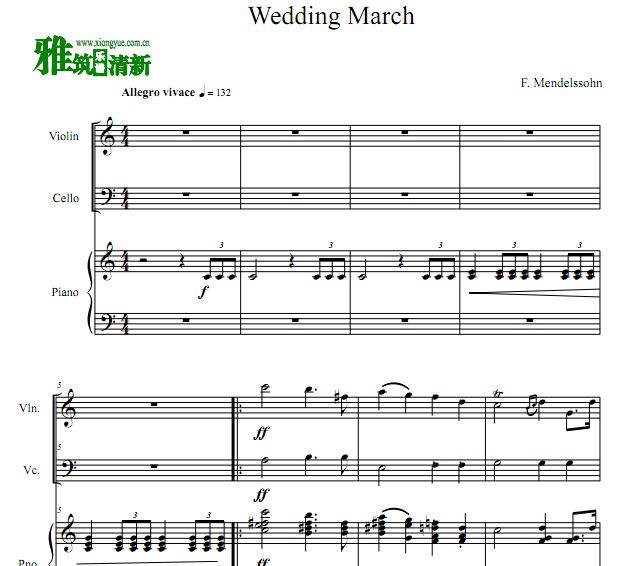 门德尔松 婚礼进行曲小提琴大提琴钢琴三重奏谱