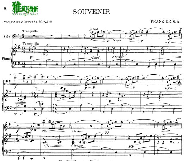 德尔德拉 回忆 Drdla Souvenir大提琴钢琴伴奏谱