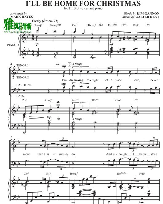I'll Be Home for Christmas 男声四声部合唱钢琴伴奏谱 ttbb