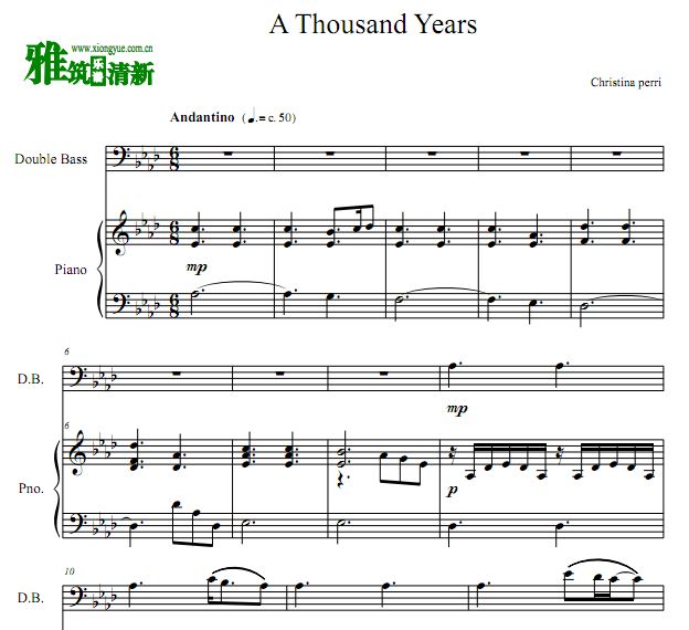 A Thousand Years 低音提琴谱 贝司钢琴合奏谱