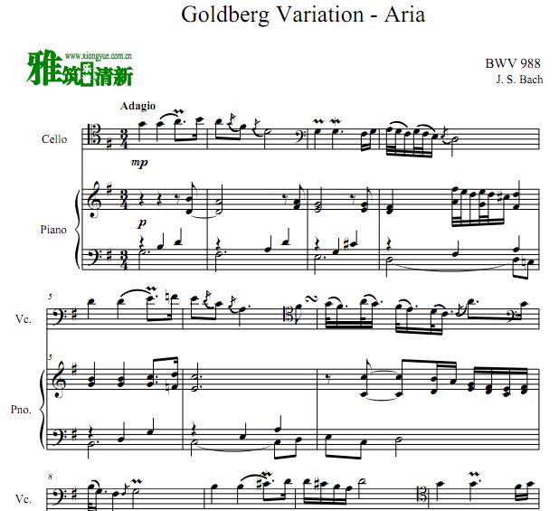Goldberg Variation - Aria大提琴钢琴合奏谱