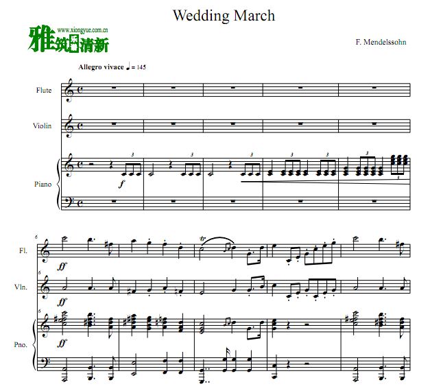门德尔松 婚礼进行曲长笛小提琴钢琴合奏谱