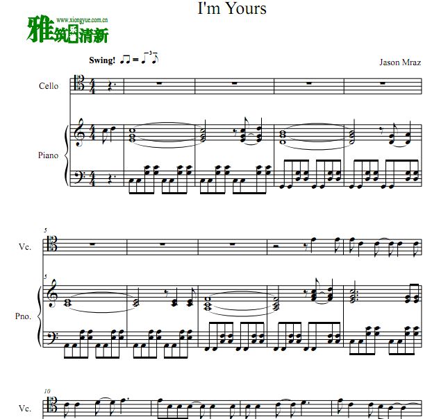 Jason Mraz - I'm yours 大提琴谱 钢琴伴奏谱