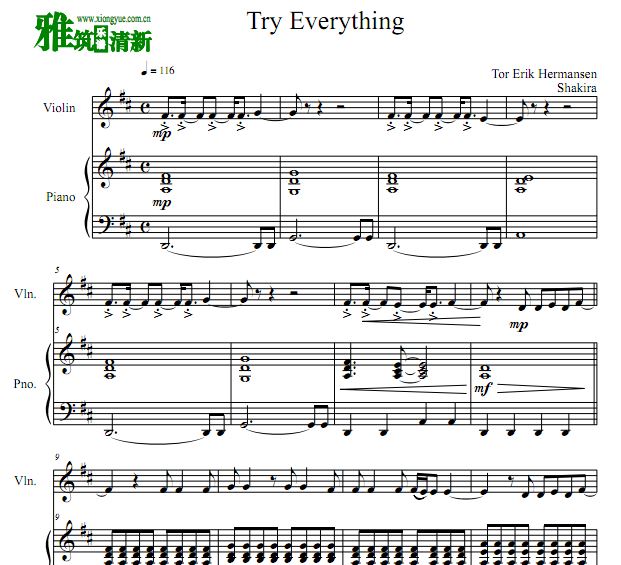 疯狂动物城 Try Everything小提琴钢琴合奏谱