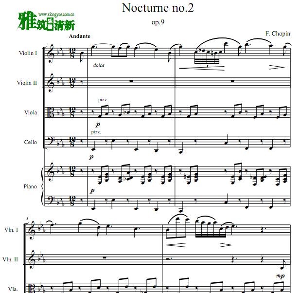肖邦 降E大调夜曲 Nocturne Op.9 No.2弦乐钢琴五重奏谱