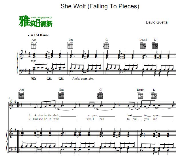 David Guetta - She Wolf (Falling To Pieces)钢琴伴奏谱