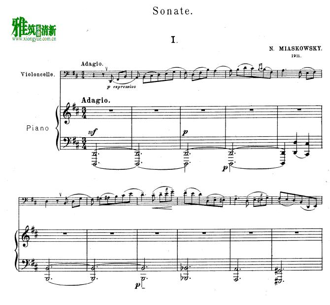 米亚斯科夫斯基 第一奏鸣曲 op.12 大提琴钢琴伴奏谱